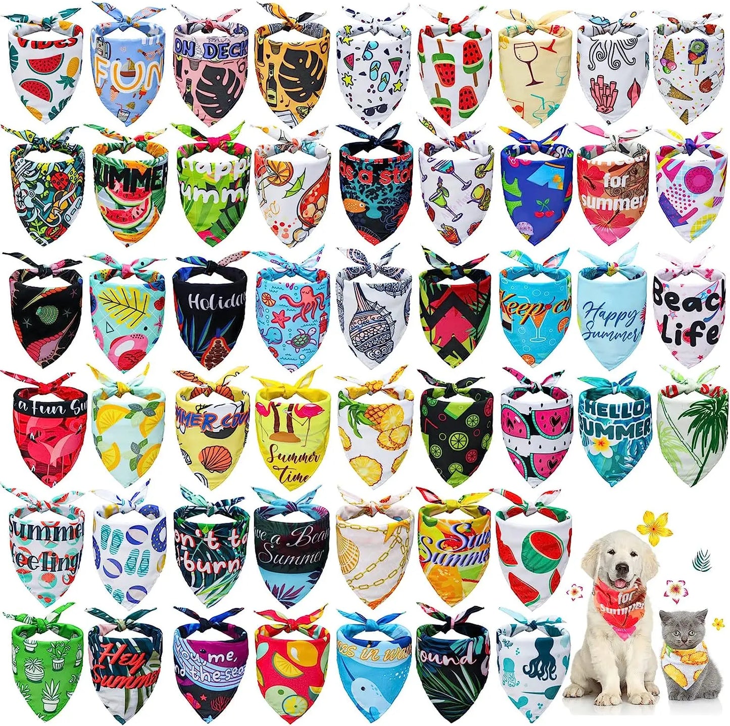 Lot de 50 bandanas d'été hawaïens pour chien - Écharpes triangulaires douces en polyester - Motifs de fruits et de fleurs - Pour animaux de petite, moyenne et grande taille