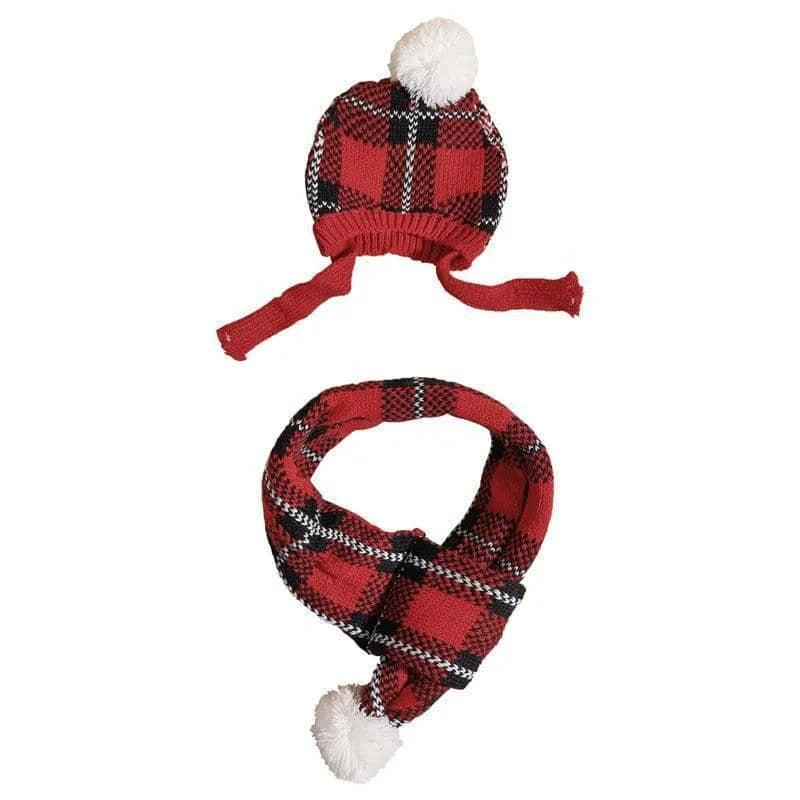 Z1 Dog cat hat scarf set pom-pom knitted warm Christmas snowflake triangular grid Chihuahua Bulldog Pug