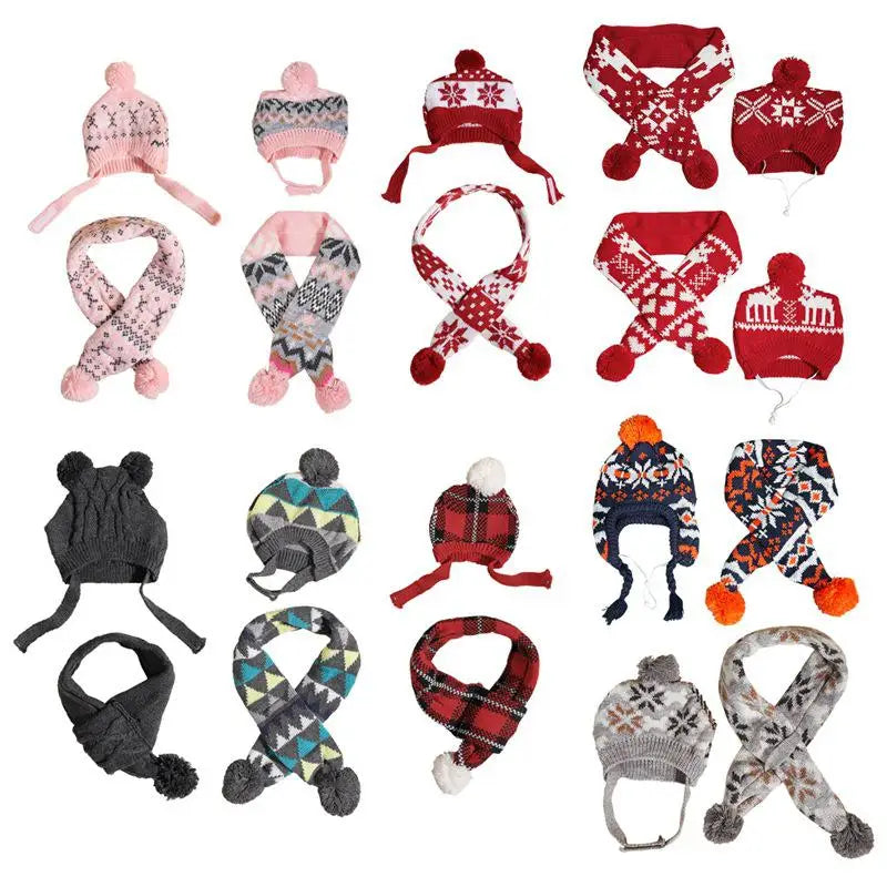 Z1 Dog cat hat scarf set pom-pom knitted warm Christmas snowflake triangular grid Chihuahua Bulldog Pug