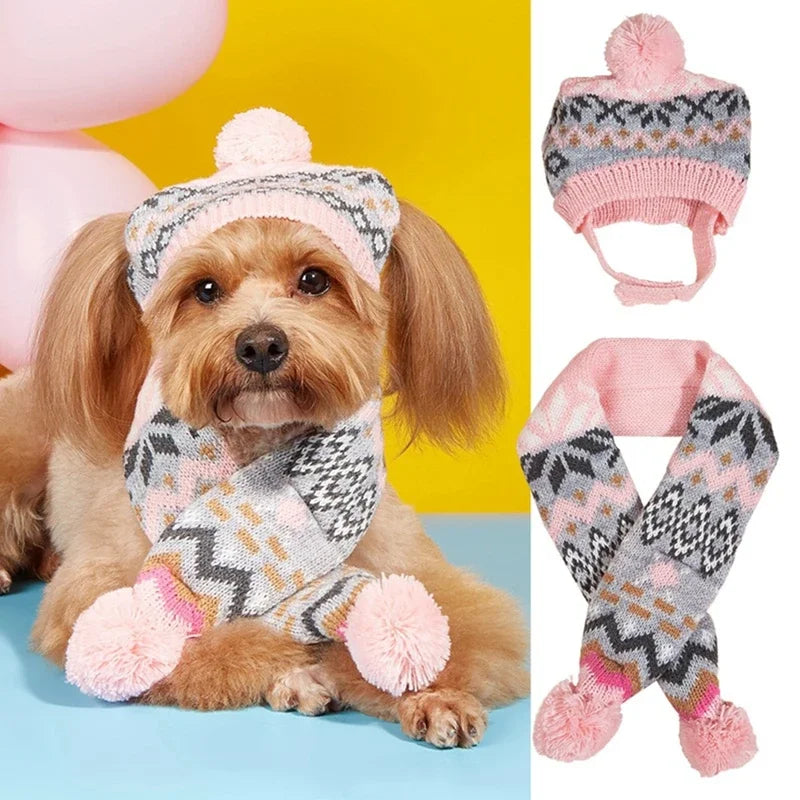 Pet Scarf Hat Set Christmas Pet Clothes Diamond Pattern Plush Ball Knitted Beanie Scarf Pet Accessories for Cat Dog